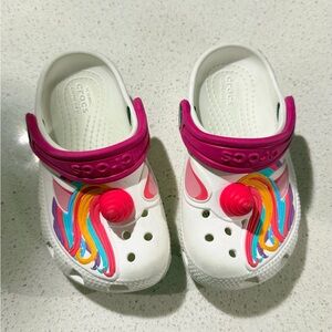 CROCS Kids' White and Pink Clogs with Rainbow Accents
